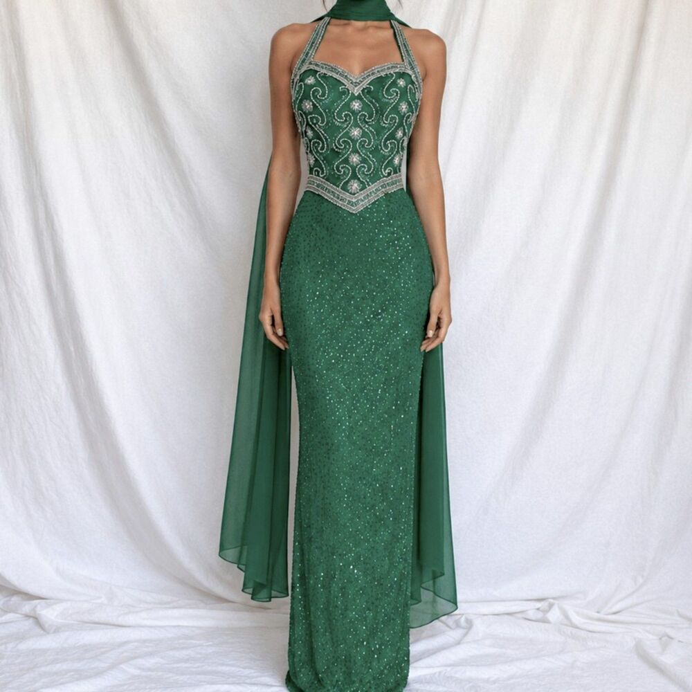 Vintage Y2K Green Beaded Halter Neck Bodycon Maxi Formal Prom Dress Size XS/S